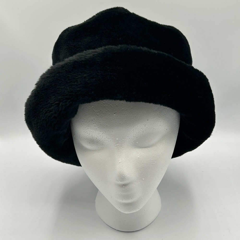 Vintage Black Faux Fur Lined Bucket Hat One Size Women Winter Fluffy Streetwear